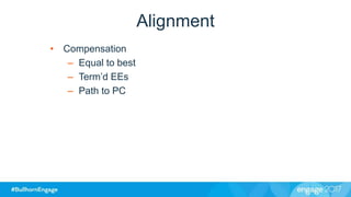 Alignment
• Compensation
– Equal to best
– Term’d EEs
– Path to PC
 
