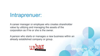 Intraprenuer:
A career manager or employee who creates shareholder
value by utilizing and managing the assets of the
corporation as if he or she is the owner.
A person who starts or manages a new business within an
already established company or group.
 