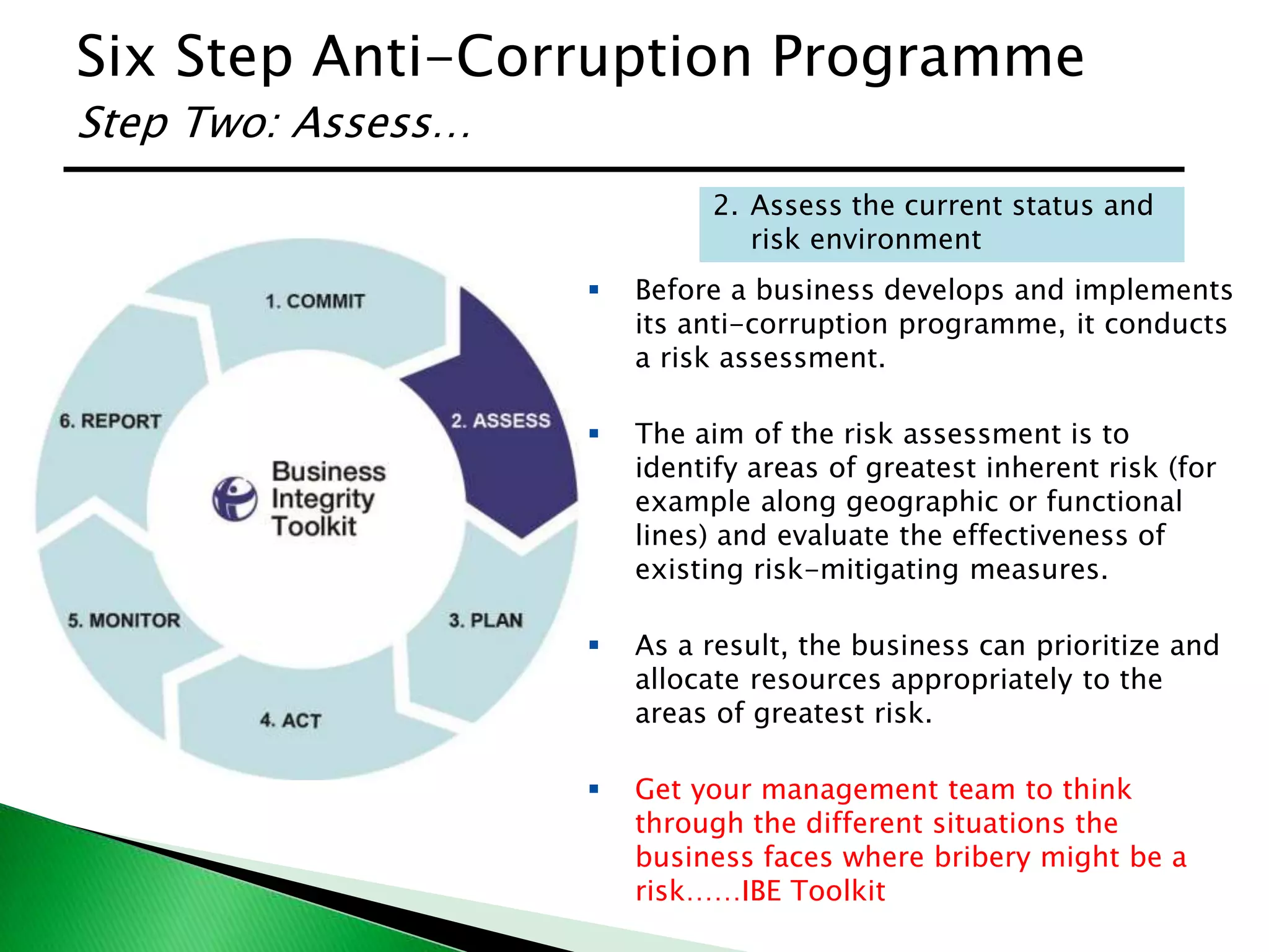 Six Step Anti-Corruption Programme
2. Assess the current status and
risk environment
 Before a business develops and implements
its anti-corruption programme, it conducts
a risk assessment.
 The aim of the risk assessment is to
identify areas of greatest inherent risk (for
example along geographic or functional
lines) and evaluate the effectiveness of
existing risk-mitigating measures.
 As a result, the business can prioritize and
allocate resources appropriately to the
areas of greatest risk.
 Get your management team to think
through the different situations the
business faces where bribery might be a
risk……IBE Toolkit
Step Two: Assess…
 