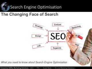 Search Engine Optimisation
1Enterprise Online Marketing Solutions < SEO > < PPC > < Social Media > < On-Line Marketing Solutions >1
The Changing Face of Search
What you need to know about Search Engine Optimisation
 