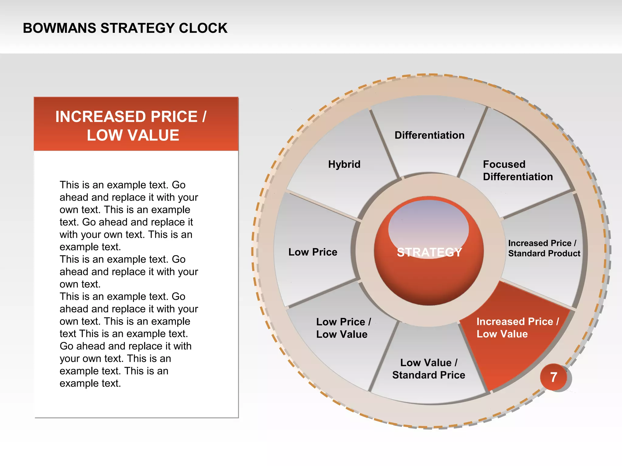7
STRATEGY
BOWMANS STRATEGY CLOCK
Differentiation
Hybrid Focused
Differentiation
Low Price
Increased Price /
Standard Product
Low Price /
Low Value
Increased Price /
Low Value
INCREASED PRICE /
LOW VALUE
This is an example text. Go
ahead and replace it with your
own text. This is an example
text. Go ahead and replace it
with your own text. This is an
example text.
This is an example text. Go
ahead and replace it with your
own text.
This is an example text. Go
ahead and replace it with your
own text. This is an example
text This is an example text.
Go ahead and replace it with
your own text. This is an
example text. This is an
example text.
Low Value /
Standard Price
 
