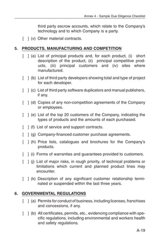 Annex 4 - Sample Due Diligence Checklist


               third party escrow accounts, which relate to the Company’s
               technology and to which Company is a party.
     [   ] (v) Other material contracts.

5.   PRODUCTS, MANUFACTURING AND COMPETITION
     [   ] (a) List of principal products and, for each product, (i) short
               description of the product, (ii) principal competitive prod-
               ucts, (iii) principal customers and (iv) sites where
               manufactured.
     [   ] (b) List of third party developers showing total and type of project
               for each developer.
     [   ] (c) List of third party software duplicators and manual publishers,
               if any.
     [   ] (d) Copies of any non-competition agreements of the Company
               or employees.
     [   ] (e) List of the top 20 customers of the Company, indicating the
               types of products and the amounts of each purchased.
     [   ] (f) List of service and support contracts.
     [   ] (g) Company-financed customer purchase agreements.
     [   ] (h) Price lists, catalogues and brochures for the Company’s
               products.
     [   ] (i) Forms of warranties and guarantees provided to customers.
     [   ] (j) List of major risks, in rough priority, of technical problems or
               limitations which current and planned product lines may
               encounter.
     [   ] (k) Description of any significant customer relationship termi-
               nated or suspended within the last three years.

6.   GOVERNMENTAL REGULATIONS
     [   ] (a) Permits for conduct of business, including licenses, franchises
               and concessions, if any.
     [   ] (b) All certificates, permits, etc., evidencing compliance with spe-
               cific regulations, including environmental and workers health
               and safety regulations.
                                                                             A-19
 