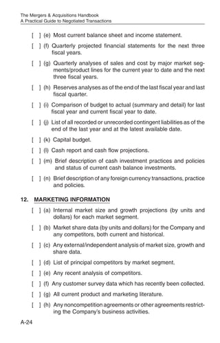 The Mergers & Acquisitions Handbook
A Practical Guide to Negotiated Transactions


     [   ] (e) Most current balance sheet and income statement.
     [   ] (f) Quarterly projected financial statements for the next three
               fiscal years.
     [   ] (g) Quarterly analyses of sales and cost by major market seg-
               ments/product lines for the current year to date and the next
               three fiscal years.
     [   ] (h) Reserves analyses as of the end of the last fiscal year and last
               fiscal quarter.
     [   ] (i) Comparison of budget to actual (summary and detail) for last
               fiscal year and current fiscal year to date.
     [   ] (j) List of all recorded or unrecorded contingent liabilities as of the
               end of the last year and at the latest available date.
     [   ] (k) Capital budget.
     [   ] (l) Cash report and cash flow projections.
     [   ] (m) Brief description of cash investment practices and policies
               and status of current cash balance investments.
     [   ] (n) Brief description of any foreign currency transactions, practice
               and policies.

12. MARKETING INFORMATION
     [   ] (a) Internal market size and growth projections (by units and
               dollars) for each market segment.
     [   ] (b) Market share data (by units and dollars) for the Company and
               any competitors, both current and historical.
     [   ] (c) Any external/independent analysis of market size, growth and
               share data.
     [   ] (d) List of principal competitors by market segment.
     [   ] (e) Any recent analysis of competitors.
     [   ] (f) Any customer survey data which has recently been collected.
     [   ] (g) All current product and marketing literature.
     [   ] (h) Any noncompetition agreements or other agreements restrict-
               ing the Company’s business activities.
A-24
 