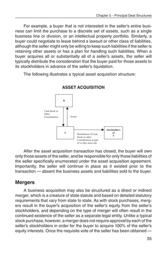 Chapter 5 - Principal Deal Structures


      For example, a buyer that is not interested in the seller’s entire busi-
ness can limit the purchase to a discrete set of assets, such as a single
business line or division, or an intellectual property portfolio. Similarly, a
buyer could negotiate to leave behind a lawsuit or other class of liabilities,
although the seller might only be willing to keep such liabilities if the seller is
retaining other assets or has a plan for handling such liabilities. When a
buyer acquires all or substantially all of a seller’s assets, the seller will
typically distribute the consideration that the buyer paid for those assets to
its stockholders in advance of the seller’s liquidation.
     The following illustrates a typical asset acquisition structure:


                                 ASSET ACQUISITION


                                 B



                 Cash,Stock or
                 Other
                 Consideration       Assets




                                                                       Stockholders
                                 S                                          of
                                              Distribution of Cash,
                                                                            S
                                              Stock or other
                                              Consideration as part
                                              of or after asset sale


     After the asset acquisition transaction has closed, the buyer will own
only those assets of the seller, and be responsible for only those liabilities of
the seller specifically enumerated under the asset acquisition agreement.
Importantly, the seller will continue in place as it existed prior to the
transaction — absent the business assets and liabilities sold to the buyer.

Mergers
     A business acquisition may also be structured as a direct or indirect
merger, which is a creature of state statute and based on detailed statutory
requirements that vary from state to state. As with stock purchases, merg-
ers result in the buyer’s acquisition of the seller’s equity from the seller’s
stockholders, and depending on the type of merger will often result in the
continued existence of the seller as a separate legal entity. Unlike a typical
stock purchase, however, a merger does not require approval by each of the
seller’s stockholders in order for the buyer to acquire 100% of the seller’s
equity interests. Once the requisite vote of the seller has been obtained —
                                                                                                  35
 