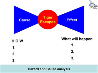 Tiger
             Cause            Escapes      Effect



                                        What will happen
       HOW
                                                 1.
        1.
                                                 2.
        2.
                                                 3.
        3.

                     Hazard and Cause analysis
J k m nair/Director-CEO/ TSI - 2010                    17
 