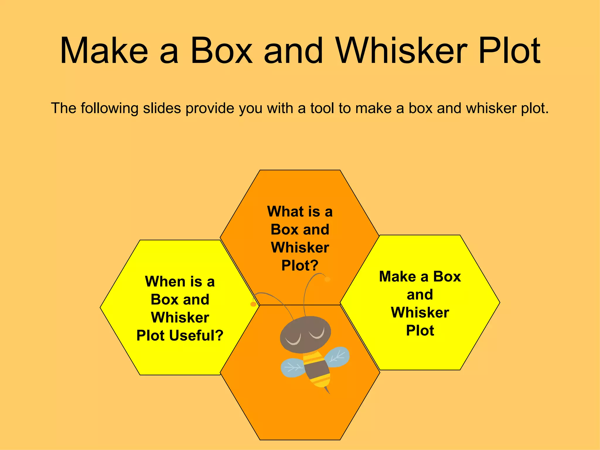Make a Box and Whisker Plot The following slides provide you with a tool to make a box and whisker plot. What is a Box and Whisker Plot? When is a Box and Whisker Plot Useful? Make a Box and Whisker Plot 