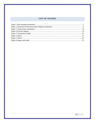 34 | P a g e
LIST OF FIGURES
Figure 1 Box transport mechanism.......................................................................................................3
Figure 2 Functions of four basic planar linkage mechanisms..................................................................8
Figure 3 Crank rocker mechanism......................................................................................................10
Figure 4 Four bar linkage ..................................................................................................................14
Figure 5 Transmission angle..............................................................................................................19
Figure 6 shaft 1 ................................................................................................................................21
Figure 7 shaft 2 ................................................................................................................................22
Figure 8 hanger and crank.................................................................................................................23
 