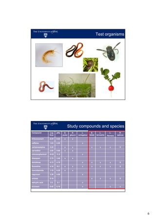 Test organisms

Study compounds and species
Compound

Log
Kow

pKa

G.
pulex

N.
glauca

5-fluorouracil

-0.81

8.02

x

caffeine

1.03

0.00

carbamazepine

2.25

-

x

x

carvedilol

3.05

8.00

x

x

chloramphenicol

-0.02

11.0

diazepam

2.70

3.40

diclofenac

4.13

4.10

L.
variegatus

E.
fetida

L.
terrestris

Perrene

L.

R.
sativus

x

x

x

x

X

x

x

x

x

X

x

x

x

x

X

x

x

x

X

x

x

x

x
x

x

fluoxetine

4.16

10.1

x

x

moclobemide

1.16

6.20

x

x

naproxen

3.36

4.50

orlistat

8.19

-

salicylic acid

2.3

3.1

x

triclosan

5.42

8.10

x

x

6

 
