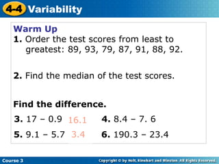 4-4 Variability Course 3 Warm Up 1. Order the test scores from least to 	greatest: 89, 93, 79, 87, 91, 88, 92. 2. Find the median of the test scores. Find the difference. 3. 17 – 0.9 		4. 8.4 – 7. 6 16.1 3.4 5. 9.1 – 5.7 		6. 190.3 – 23.4 