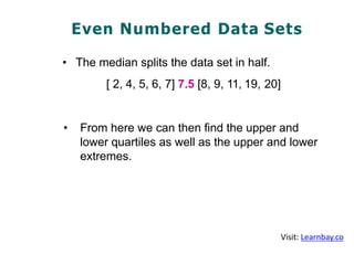 Even Numbered Data Sets
• The median splits the data set in half.
[ 2, 4, 5, 6, 7] 7.5 [8, 9, 11, 19, 20]
• From here we can then find the upper and
lower quartiles as well as the upper and lower
extremes.
Visit: Learnbay.co
 