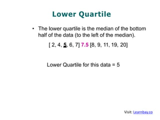 Lower Quartile
• The lower quartile is the median of the bottom
half of the data (to the left of the median).
[ 2, 4, 5, 6, 7] 7.5 [8, 9, 11, 19, 20]
Lower Quartile for this data = 5
Visit: Learnbay.co
 