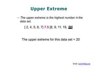 Upper Extreme
¬ The upper extreme is the highest number in the
data set.
[ 2, 4, 5, 6, 7] 7.5 [8, 9, 11, 19, 20]
The upper extreme for this data set = 20
Visit: Learnbay.co
 