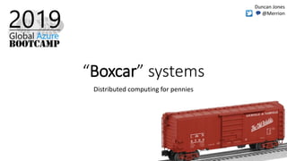 “Boxcar” systems
Distributed computing for pennies
Duncan Jones
💬 @Merrion
 
