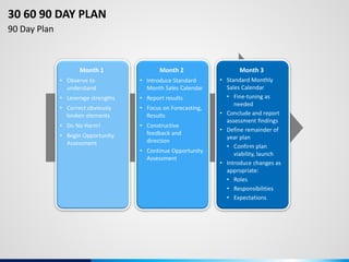 Month 1
• Observe to
understand
• Leverage strengths
• Correct obviously
broken elements
• Do No Harm!
• Begin Opportunity
Assessment
Month 2
• Introduce Standard
Month Sales Calendar
• Report results
• Focus on Forecasting,
Results
• Constructive
feedback and
direction
• Continue Opportunity
Assessment
Month 3
• Standard Monthly
Sales Calendar
• Fine-tuning as
needed
• Conclude and report
assessment findings
• Define remainder of
year plan
• Confirm plan
viability, launch
• Introduce changes as
appropriate:
• Roles
• Responsibilities
• Expectations
30 60 90 DAY PLAN
90 Day Plan
 