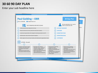 30 Day PlanPaul Golding – OBR
00-(1)-123456789 info@example.com
My top stakeholders that I need to
build my relationship with
ACTIONs – By week
TOP 5 PRIORITIES FOR FIRST 30 DAYS
1
2
3
4
5
Understand performance objectives for the role
Observe and learn the current systems from other team members
Understand and get familiar with management reporting procedures and SOT
Identify priority, tasks and work forwards completion
Build a rapport with current team members and understand the organizational culture
1
2
3
4
5
ACCOUNT MANAGER
SUPPLIERS
MARKETING TEAM
OPERATIONS HEAD
CUSTOMERS
• Familiarize myself with the range
of products and understand the
functionality of each solution
offered.
• Understand the selling channels
and customer behavior from peers.
• Get familiar with statistical
information such as – Number of
customers, average spend per
customer, key suppliers etc.
• Meet the sales team and marketing
team to understand the
organizational goals and objectives.
• Understand the relationship
management system.
• Identify a list of potential
customers and understand their
requirements.
• Set SMART goals for following 90
days – How can I achieve my
monthly target?
• Collate sales and marketing
material and prepare a sales
presentation.
• Visit customers with other peers to
understand the requirements.
• Call and email all the existing and
potential customers.
1 2 3 4
30 60 90 DAY PLAN
Enter your sub headline here
 