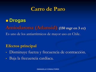 Carro de Paro
 Drogas
Amiodarona (Atlansid) (150 mgr en 3 cc)
Es uno de los antiarrítmicos de mayor uso en Chile.
Efectos principal
• Disminuye fuerza y frecuencia de contracción.
• Baja la frecuencia cardíaca.
EMANUELLE CONSULTORES
 