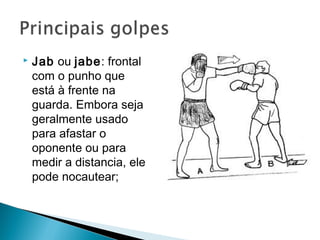  Jab ou jabe: frontal
com o punho que
está à frente na
guarda. Embora seja
geralmente usado
para afastar o
oponente ou para
medir a distancia, ele
pode nocautear;
 