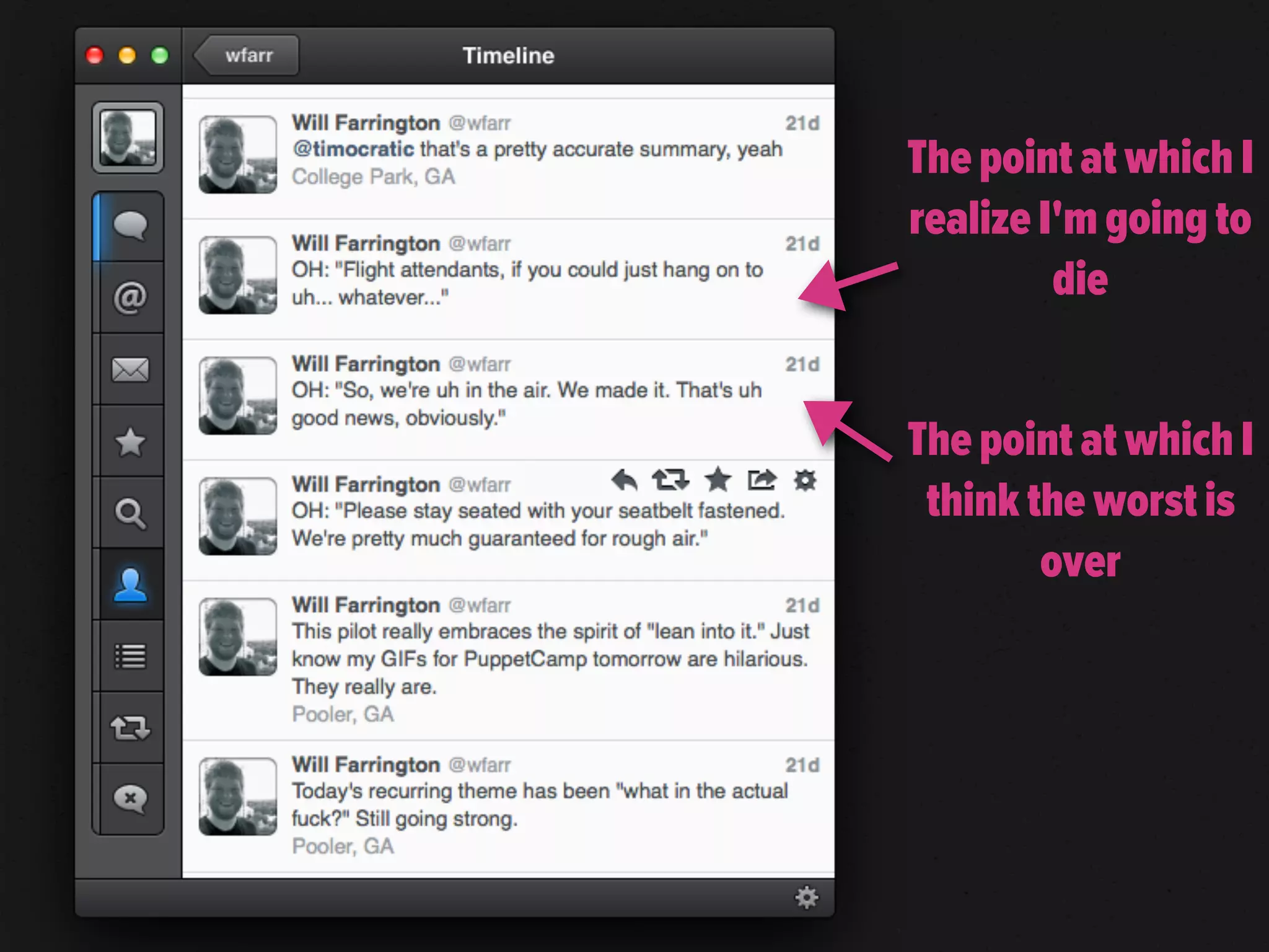 The point at which I
realize I'm going to
         die


The point at which I
 think the worst is
        over
 