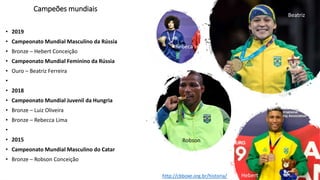 Campeões mundiais
• 2019
• Campeonato Mundial Masculino da Rússia
• Bronze – Hebert Conceição
• Campeonato Mundial Feminino da Rússia
• Ouro – Beatriz Ferreira
•
• 2018
• Campeonato Mundial Juvenil da Hungria
• Bronze – Luiz Oliveira
• Bronze – Rebecca Lima
•
• 2015
• Campeonato Mundial Masculino do Catar
• Bronze – Robson Conceição
Robson
Rebeca
Beatriz
Heberthttp://cbboxe.org.br/historia/
 
