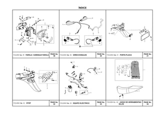 ÍNDICE
5
7
4
1
3
2
6
9
8
6
5
4
3
2
1
7
10
11
PAGE No.
39
PAGE No.
42
PAGE No.
40
PAGE No.
43
PAGE No.
41
PAGE No.
44
6
55
6
3 4
1
2
7
8
4
3
6
2
7
5
1
1
2
3
4
5
20
7
8
9
10
11
12
13
14
15
16
19
21
6
17
17
18
1
2
5
4
FIGURA No. 39 : FAROLA / CARENAJE FAROLA FIGURA No. 40 : DIRECCIONALES FIGURA No. 41 : PORTA PLACA
FIGURA No. 42 : STOP FIGURA No. 43 : EQUIPO ELÉCTRICO
FIGURA No. 44 : JUEGO DE HERRAMIENTAS /
SILLÍN
 