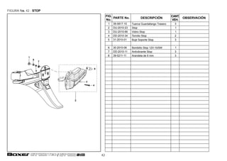 42
FIGURA N 42 :o. STOP
8
4
3
6
2
7
5
1
1 39-0817-15 Tuerca Guardafango Trasero 3
2 DU-2010-23 Stop 1
3 DU-2010-66 Vidiro Stop 1
4 DD-2010-34 Tornillo Stop 2
5 31-2010-01 Buje Soporte Stop 3
6 30-2010-06 Bombillo Stop 12V-10/5W 1
7 DD-2010-11 Antivibrante Stop 3
8 39-0211-11 Arandela de 6 mm 3
FIG.
No.
PARTE No. DESCRIPCIÓN
CANT.
VEH.
OBSERVACIÓN
TEC S1D/
 