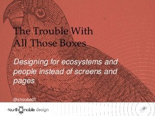 The Trouble With
All Those Boxes
Designing for ecosystems and
people instead of screens and
pages

@shoobe01
                                1
 