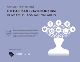 1
THE HABITS OF TRAVEL BOOKERS: HOW AMERICANS TAKE VACATION
BOXEVER + SKIFT
BOXEVER + SKIFT PRESENT
THE HABITS OF TRAVEL BOOKERS:
HOW AMERICANS TAKE VACATION
By Skift Team + Boxever
It’s all too clear that Americans still take the all-
work no-play approach to vacation as the average
number of days taken by U.S. workers continues to
decline. This report looks into the seasonal travel
habits of Americans smart enough to take time
off, from when they book to where they go.
special
report
 