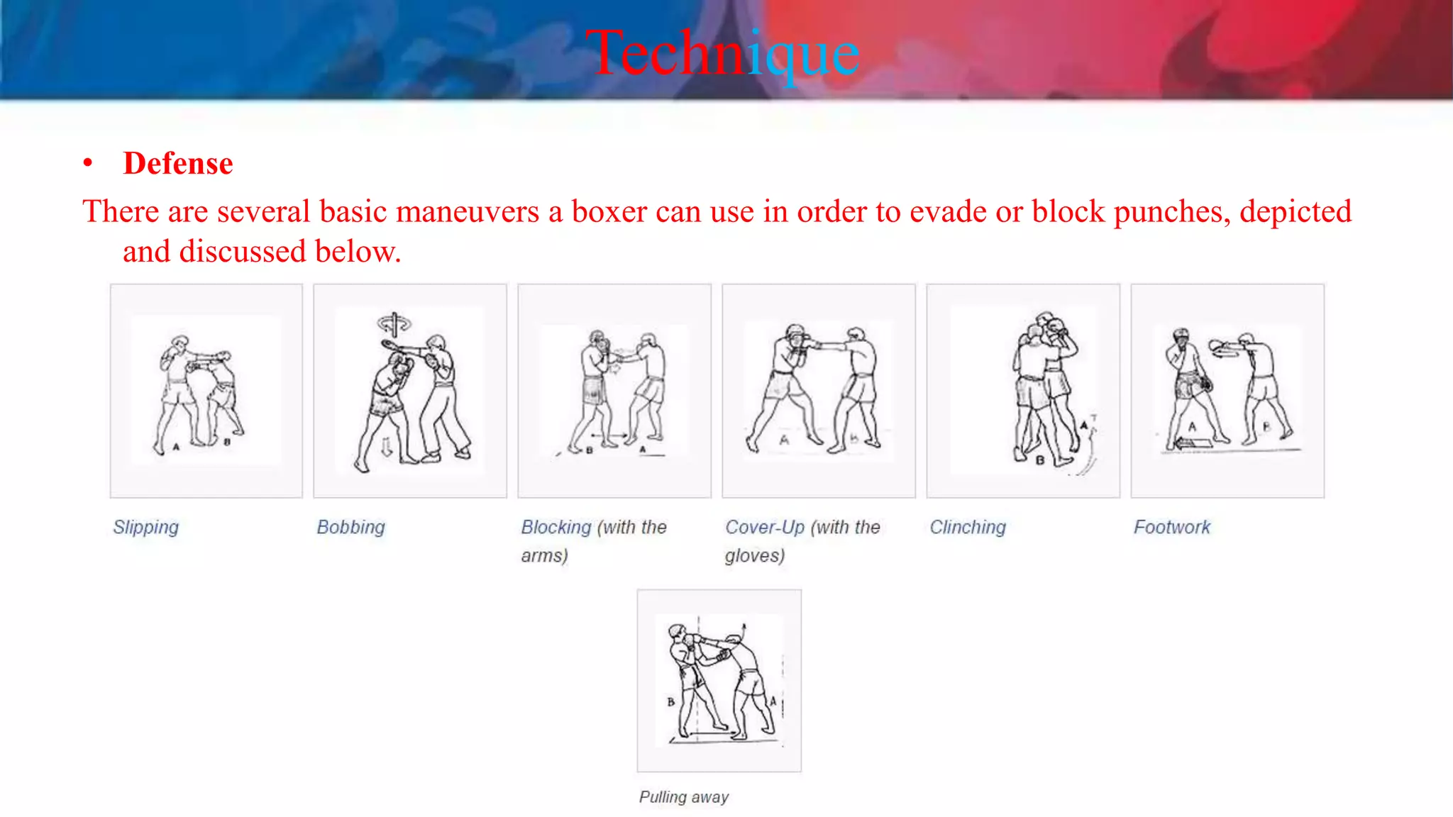 Technique
• Defense
There are several basic maneuvers a boxer can use in order to evade or block punches, depicted
and discussed below.
 