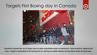 Targets First Boxing day in Canada

Hundreds of guests line up at Target stores to grab unbeatable deals on electronics, home products, apparel and
more. Target is celebrating its first Boxing Day by offering incredible Bullseye Boxing Week deals all week long.

 