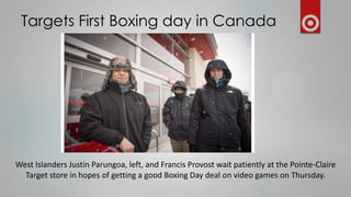 Targets First Boxing day in Canada

West Islanders Justin Parungoa, left, and Francis Provost wait patiently at the Pointe-Claire
Target store in hopes of getting a good Boxing Day deal on video games on Thursday.

 