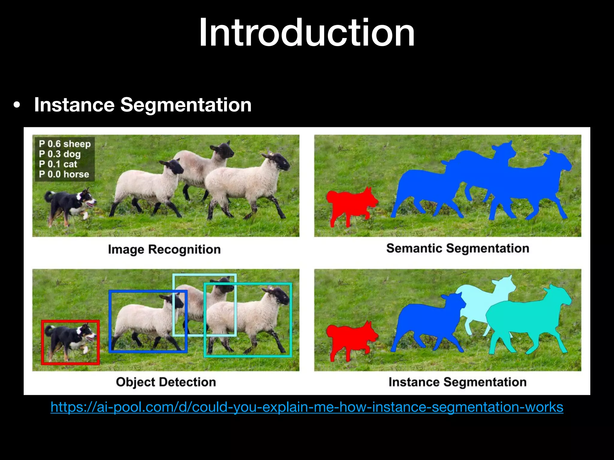 Introduction
• Instance Segmentation
https://ai-pool.com/d/could-you-explain-me-how-instance-segmentation-works
 