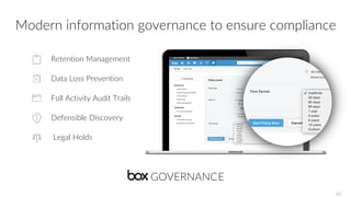 Retention Management
Data Loss Prevention
Full Activity Audit Trails
Defensible Discovery
Legal Holds
Modern information governance to ensure compliance
20
 