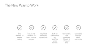 The New Way to Work
One
platform for
all your
content
Secure and
compliant for
every industry
and geo
Integrated
with every
app you use
Built for
collaboration
and
workflow
across
borders
User centric
and
developer
friendly at
the same
time
Created to
leverage
cloud
economics
 