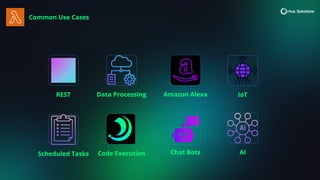 Common Use Cases
REST Data Processing
Chat Bots
Amazon Alexa IoT
Scheduled Tasks Code Execution AI
 