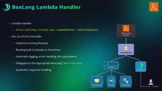 • Lambda Handler:
• ortus.boxlang.runtime.aws.LambdaRunner
:
:
handleRequest
• Acts as a Front Controller
• Inspects incoming Request
• Routing built-in (classes or functions)
• Automatic logging, error handling, life-cycle events
• Delegates to the appropriate BoxLang Class + Function
• Automatic response handling
BoxLang Lambda Handler
 