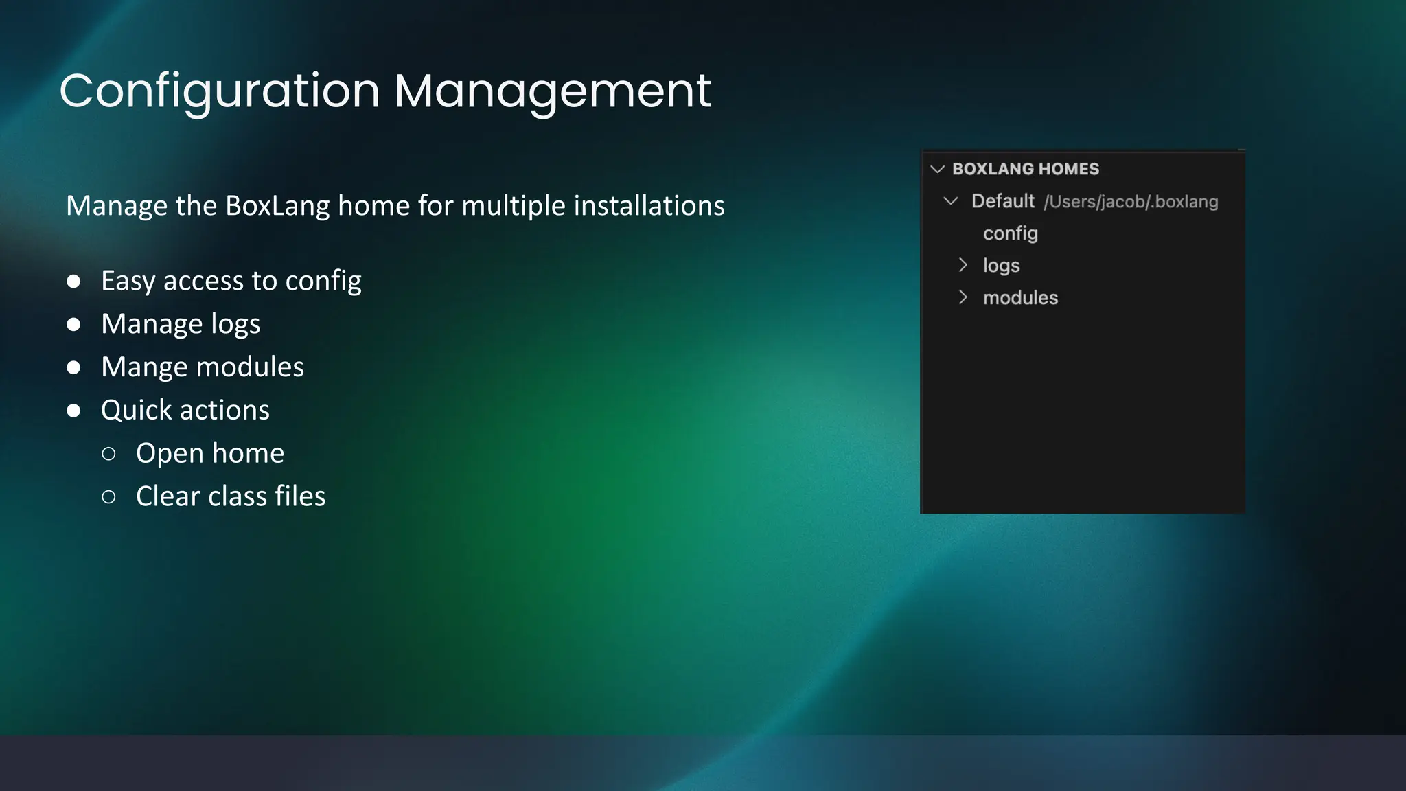 Configuration Management
Manage the BoxLang home for multiple installations
● Easy access to config
● Manage logs
● Mange modules
● Quick actions
○ Open home
○ Clear class files
 