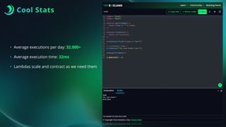 Cool Stats
• Average executions per day: 32,000+
• Average execution time: 32ms
• Lambdas scale and contract as we need them
 