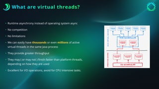 What are virtual threads?
• Runtime asynchrony instead of operating system async
• No competition
• No limitations
• We can easily have thousands or even millions of active
virtual threads in the same Java process
• They provide greater throughput
• They may ( or may not )
fi
nish faster than platform threads,
depending on how they are used
• Excellent for I/O operations, avoid for CPU intensive tasks.
 