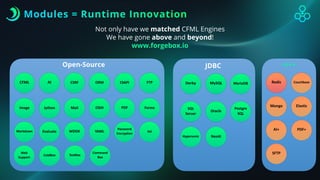 Modules = Runtime Innovation
Not only have we matched CFML Engines
We have gone above and beyond!
www.forgebox.io
JDBC
Derby MySQL MariaDB
SQL
Server
Oracle
Postgre
SQL
Hypersonic Neo4J
+/++
Redis Couchbase
Mongo
AI+
Elastic
PDF+
SFTP
Open-Source
CFML AI CSRF ORM ESAPI FTP
Image Jython Mail OSHI PDF Forms
Markdown Evaluate WDDX YAML
Password
Encryption
Ini
Web
Support
ColdBox TestBox
Command
Box
 