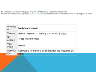 Propieda
d
background-repeat
Valores repeat | repeat-x | repeat-y | no-repeat | inherit
Se
aplica a
Todos los elementos
Valor
inicial
repeat
Descripc
ión
Controla la forma en la que se repiten las imágenes de
fondo
En ocasiones, no es conveniente que la imagen de fondo se repita horizontal y verticalmente.
Para ello, CSS introduce la propiedad background-repeat que permite controlar la forma de repetición de las imágenes de fondo.
 