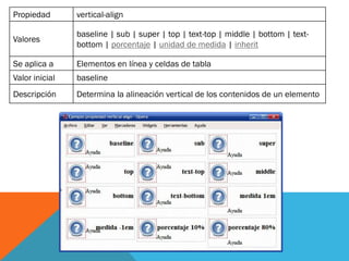 Propiedad vertical-align
Valores
baseline | sub | super | top | text-top | middle | bottom | text-
bottom | porcentaje | unidad de medida | inherit
Se aplica a Elementos en línea y celdas de tabla
Valor inicial baseline
Descripción Determina la alineación vertical de los contenidos de un elemento
 