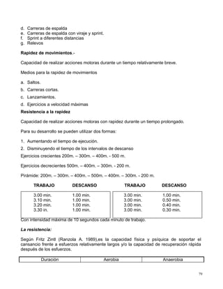 d. Carreras de espalda
e. Carreras de espalda con viraje y sprint.
f. Sprint a diferentes distancias
g. Relevos
Rapidez de movimientos.-
Capacidad de realizar acciones motoras durante un tiempo relativamente breve.
Medios para la rapidez de movimientos
a. Saltos.
b. Carreras cortas.
c. Lanzamientos.
d. Ejercicios a velocidad máximas
Resistencia a la rapidez
Capacidad de realizar acciones motoras con rapidez durante un tiempo prolongado.
Para su desarrollo se pueden utilizar dos formas:
1. Aumentando el tiempo de ejecución.
2. Disminuyendo el tiempo de los intervalos de descanso
Ejercicios crecientes 200m. – 300m. – 400m. - 500 m.
Ejercicios decrecientes 500m. – 400m. – 300m. - 200 m.
Pirámide: 200m. – 300m. – 400m. – 500m. – 400m. – 300m. - 200 m.
TRABAJO DESCANSO TRABAJO DESCANSO
3.00 min. 1.00 min. 3.00 min. 1.00 min.
3.10 min. 1.00 min. 3.00 min. 0.50 min.
3.20 min. 1.00 min. 3.00 min. 0.40 min.
3.30 in. 1.00 min. 3.00 min. 0.30 min.
Con intensidad máxima de 10 segundos cada minuto de trabajo.
La resistencia:
Según Fritz Zintl (Ranzola A. 1989),es la capacidad física y psíquica de soportar el
cansancio frente a esfuerzos relativamente largos y/o la capacidad de recuperación rápida
después de los esfuerzos.
Duración Aerobia Anaerobia
79
 