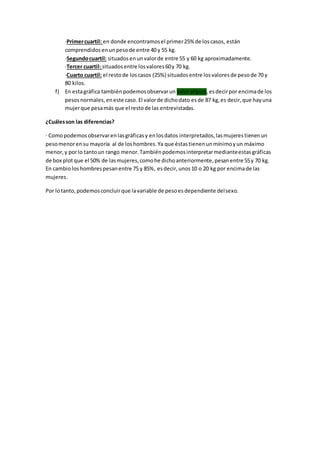 ·Primercuartil: en donde encontramosel primer25% de loscasos, están
comprendidosenunpesode entre 40 y 55 kg.
·Segundocuartil: situadosenunvalorde entre 55 y 60 kg aproximadamente.
·Tercer cuartil: situadosentre losvalores60y 70 kg.
·Cuarto cuartil: el restode loscasos (25%) situadosentre losvaloresde pesode 70 y
80 kilos.
f) En estagráfica tambiénpodemosobservarun valoratípico,esdecirpor encimade los
pesosnormales,eneste caso.El valorde dichodato esde 87 kg,es decir,que hayuna
mujerque pesamás que el restode las entrevistadas.
¿Cuálesson las diferencias?
· Comopodemosobservarenlasgráficasy enlosdatos interpretados,lasmujerestienenun
pesomenorensu mayoría al de loshombres.Ya que éstastienenunmínimoyun máximo
menor,y porlo tantoun rango menor.Tambiénpodemosinterpretarmedianteestasgráficas
de box plotque el 50% de lasmujeres,comohe dichoanteriormente,pesanentre 55y 70 kg.
En cambioloshombrespesanentre 75 y 85%, esdecir,unos10 o 20 kg por encimade las
mujeres.
Por lotanto,podemosconcluirque lavariable de pesoesdependiente delsexo.
 
