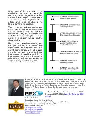 Some idea of the symmetry of the
distribution can also be gained by
comparing the two segments of the box
and the relative lengths of the whiskers.
The existence and displacement of
outliers gives some indication of the
level of control in the process.
Two or more box-and-whisker diagrams
drawn side by side to the same scale
are an effective way to compare
samples in a way that is compact and
uncluttered. Many box plots can be
added to a diagram without creating
visual overload.
Not only can box-and-whisker diagrams
help you see which processes need
improvement, by comparing initial box-
and-whisker diagrams with subsequent
ones, they can also help you track that
improvement. If specification limits or
improvement targets are involved in
your process, they can be added to the
diagram to help visualize progress.




                   Steven Bonacorsi is the President of the International Standard for Lean Six
                   Sigma (ISLSS) and Certified Lean Six Sigma Master Black Belt instructor and
                   coach. Steven Bonacorsi has trained hundreds of Master Black Belts, Black
                   Belts, Green Belts, and Project Sponsors and Executive Leaders in Lean Six
                   Sigma DMAIC and Design for Lean Six Sigma process improvement
                   methodologies.
                                                 Author for the Process Excellence Network (PEX
                                                 Network / IQPC). FREE Lean Six Sigma and BPM
                                                 content
                    International Standard for Lean Six Sigma
                    Steven Bonacorsi, President and Lean Six Sigma Master Black Belt
                    47 Seasons Lane, Londonderry, NH 03053, USA
                    Phone: + (1) 603-401-7047
                    Steven Bonacorsi e-mail
                    Steven Bonacorsi LinkedIn
                    Steven Bonacorsi Twitter
                    Lean Six Sigma Group
 