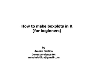 How to make boxplots in R
(for beginners)
by
Amnah Siddiqa
Correspondence to:
amnahsiddiqa@gmail.com
 
