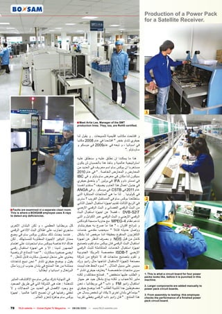 ‫‪Production of a Power Pack‬‬
                                                                                                         ‫.‪for a Satellite Receiver‬‬




                                                                                                          ‫1‬

                                                     ‫‪■ Meet Artie Lee, Manager of the SMT‬‬
                                                      ‫.‪production lines. They, too, are RoHS certified‬‬



                                                      ‫و افتتحت مكاتب اقليمية للمبيعات . و يقول لنا‬
                                                      ‫جيفري تشاو بفخر " افتتحنا في عام 8002 مكتبا‬
                                                      ‫في اسبانيا ، و تبعه في عام9002 في موسكو و‬
                                                                                         ‫ساوباولو ."‬

                                                      ‫هذا ما يمكننا ان نطلق عليه و سنطلق عليه‬
                                                      ‫است راتيجية عالمية و باخذ هذا بالحسبان لن يكون‬
                                                      ‫مستغربا ان بوكس سام اسم معروف في العديد من‬
                                                      ‫المعارض و المعارض الخاصة . " في عام 0102‬
                                                      ‫سيكون لنا مكان في معرض ساوباولو و في ‪IBC‬‬
                                                      ‫في امستر دام و ‪ IFA‬في ب رلين ." و يتعمق جيفري‬
                                                      ‫في جدول اعمال هذا العام و يضيف " سنقدم انفسنا‬
                                                      ‫عام 1102 في ‪ CSTB‬في موسكو . و في ‪ANGA‬‬
                                                      ‫في كولونيا . لذا ما هي المنتجات المبتكرة التى‬
                                                      ‫ستطلعنا بوكس سام في المستقبل القريب ؟ سنرى‬          ‫2‬
                                                      ‫في الربع الثالث تقديم اجهزة استقبال الجيل الثاني‬
                                                      ‫من البث الرقمي الفضائي و البث الرقمي االرضي‬
‫.‪■ Faults are examined in a separate clean room‬‬
‫‪This is where a BOXSAM employee uses X-rays‬‬           ‫‪ ، DVB-S2T‬فضال عن اجهزة استقبال البث‬
‫.‪to detect any deficiencies‬‬                           ‫الرقمي االرضي و البث الرقمي عبر الكوابل و التى‬
                                                      ‫تدعم نظام 4-‪ MPEG‬مع حاوية مدمجة كوناكس‬
‫كل بريطانيا العظمى ، و لكن البلدان االخرى‬             ‫و ش رائح اقت ران ، " هذا ما صرح به جيفريتشاو‬
‫ستجري تجارب على اطالق البث االذاعي الرقمي‬             ‫وواصل حديثه قائال " سيعجب مقدمي خدمات‬
‫. عندما يحدث ذلك ستكون بوكس سام في وضع‬                ‫التلفزيون المدفوع بحقيقة اننا مرخص لنا بشكل‬
‫ممتاز لتوفير االجهزة المطلوبة للمستهلك . لكن‬          ‫كامل من قبل ‪ NDS‬و بصرف النظر عن اجهزة‬
‫هناك اداة خاصة ببوكس سام استحوذت على اهتمام‬           ‫استقبال البث الرقمي فان بوكس سام تقوم بتصنيع‬
‫الجمهور لدينا : اال و هى اجهزة استقبال رقمي‬           ‫اجهزة استقبال الخدمات المتكاملة للبث الرقمي‬
‫ارضي صغيرة بسكارت . " احدا النماذج الرياضية‬           ‫االرضي ‪ ISDB-T‬مخصصة المريكا الجنوبية‬
‫يحتوي على مدخل توصيل سكارت قابل للنقل . "‬             ‫و تقوم بتصنيع منتجات قد ال تتوقع من شركة‬
‫يقول و يوضح جيفري تشاو " نحن نبيع شاحنات‬              ‫مصنعة الجهزة االستقبال انتاجها مثل راديو ورلد‬
‫ممتلئة من هذا المنتج في بلدان جنوب اوروبا مثل‬         ‫سبيس على سبيل المثال . " لسوء الحظ هذه ليست‬         ‫3‬
                   ‫البرتغال و اسبانيا و ايطاليا .‬     ‫سوى منتجات متخصصة " يعترف جيفري تشاو "‬
                                                      ‫و الطلب عليها منخفض " . فمنتج مختلف و لكنه‬         ‫‪1. This is what a circuit board for four power‬‬
                                                                                                         ‫‪packs looks like, before it is punched in this‬‬
‫في النهاية نترك بوكس سام مع االكتشاف المثير‬           ‫مثير لالعجاب و لكنه يباع بشكل جيد هو جهاز‬          ‫.‪machine‬‬
‫للدهشة : هذه هى الشركة التي في طريق الصعود‬            ‫استقبال راديو ‪ FM‬و داب " في بريطانيا ، نحن‬         ‫‪2. Larger components are added manually to‬‬
‫مع وجود االفضل في العديد من المجاالت و ال‬             ‫مضغوطين جدا لتلبية الطلب " كما يوضح جيفري‬          ‫.‪power pack circuit boards‬‬
‫تخفي رغبتها في ان تصبح العبا عالميا . اجهزة‬           ‫" بينما في بلدان اخرى ال يكاد اى شخص يسال عن‬       ‫‪3. From assembly to testing: this employee‬‬
                 ‫بوكس سام جاهزة لتغزو العالم .‬        ‫هذا المنتج . " فان راديو داب الرقمي يغطي تقريبا‬    ‫‪checks the performance of a finished power‬‬
                                                                                                         ‫.‪pack circuit board‬‬

‫87‬    ‫‪TELE-satellite — Global Digital TV Magazine — 08-09/2010 — www.TELE-satellite.com‬‬
 