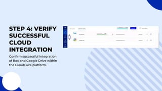 STEP 4: VERIFY
SUCCESSFUL
CLOUD
INTEGRATION
Confirm successful integration
of Box and Google Drive within
the CloudFuze platform.
 