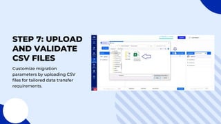 STEP 7: UPLOAD
AND VALIDATE
CSV FILES
Customize migration
parameters by uploading CSV
files for tailored data transfer
requirements.
 