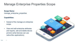 13
Scope Name:
manage_enterprise_properties
Capabilities:
• Subset of the manage an enterprise
scope.
• View and edit enterprise attributes
and reports, edit and delete device
pinners (what devices can use
native Box applications).
 