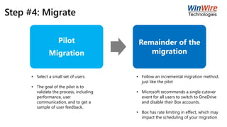Step #4: Migrate
Pilot
Migration
Remainder of the
migration
• Select a small set of users.
• The goal of the pilot is to
validate the process, including
performance, user
communication, and to get a
sample of user feedback.
• Follow an incremental migration method,
just like the pilot
• Microsoft recommends a single cutover
event for all users to switch to OneDrive
and disable their Box accounts.
• Box has rate limiting in effect, which may
impact the scheduling of your migration
 
